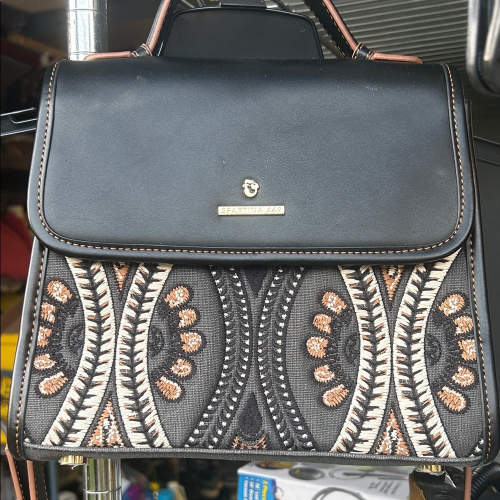 Spartina 449 Black Satchel with Cream and Tan Embroidery